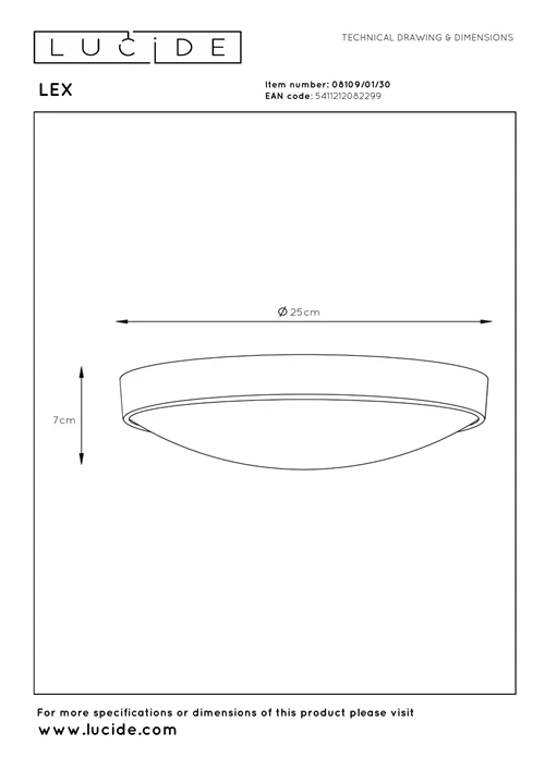 Lucide LEX - Deckenleuchte - Ø 25 cm - 1xE27 - Schwarz - technisch